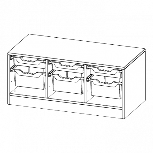 ErgoTray Regal, dreireihig, 1 Ordnerhöhe - evo180 Serie Breite 104,5 cm, Gesamthöhe 46 cm, mit Sockel, 3 flache und 3 hohe ErgoTray Boxen