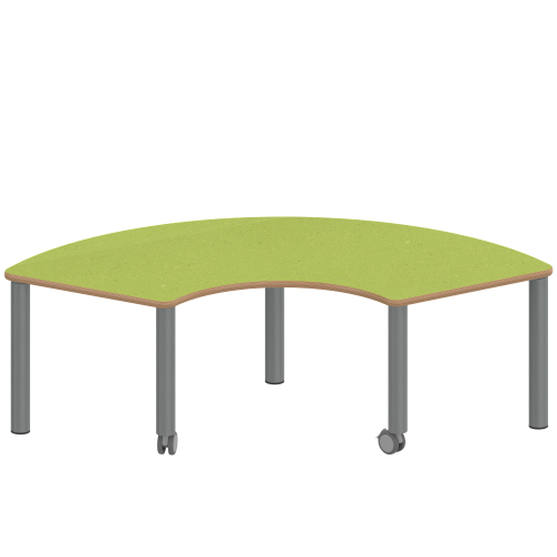 Tisch ZALOTTI mit Linoleum-Belag Drittelkreistische, Stellfläche B/T: 173x80 cm, Höhen 25…76 cm, Stahlrohrbeine Ø 60 mm, Fußvariante: fahrbar