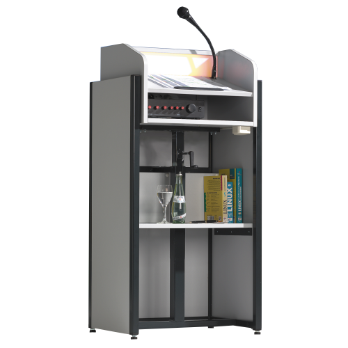 höhenverstellbares Rednerpult, mit Melamin-Stahl-Kombination, inkl. Mikrofon und Lautsprecher B/H/T: 58x100-128x51 cm