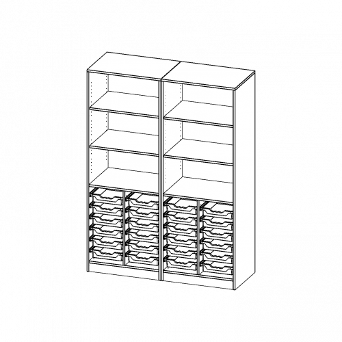 ErgoTray Regal, vierreihig, 5 Ordnerhöhen - evo180 Serie B/H/T: 140,6x190x50 cm, mit Sockel (81 mm), zweiteilig, unten 24 flache ErgoTray Boxen, oben 4 Einlegeböden