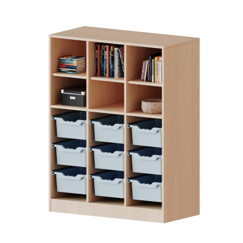 ErgoTray Regal, dreireihig, 3,5 Ordnerhöhen - evo180 Serie Breite 104,5 cm, Gesamthöhe 136 cm, mit Sockel, unten 9 hohe, oben 6 Fächer