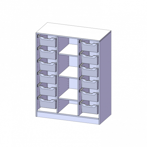 ErgoTray Regal, dreireihig, 3,5 Ordnerhöhen - evo180 Serie Breite 104,5 cm, Gesamthöhe 136 cm, mit Sockel, rechts und links je 6 hohe ErgoTray Boxen, 4 Fächer in der Mitte