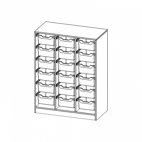 ErgoTray Regal, dreireihig, 3,5 Ordnerhöhen - evo180 Serie Gesamthöhe 136 cm, Breite 104,5 cm, mit Sockel, 16 hohe ErgoTray Boxen