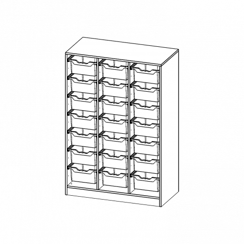 ErgoTray Regal, dreireihig, 4 Ordnerhöhen - evo180 Serie Breite 104,5 cm, Gesamthöhe 154 cm, mit Sockel, 21 hohe ErgoTray Boxen