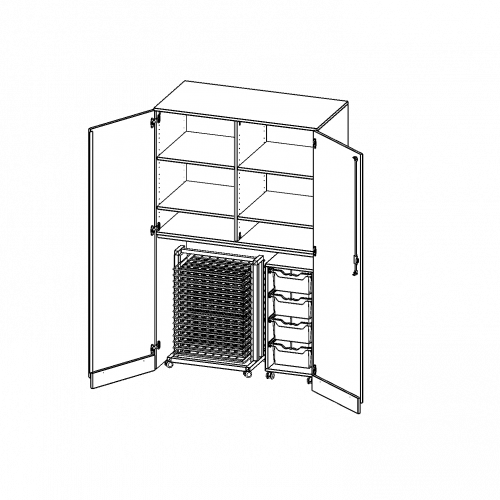 Garagenschrank ohne Sockel, 5 Ordnerhöhen - Serie evo180 B/H/T: 120x190x60 cm, 1 Container mit 4 hohen ErgoTray Boxen und Trockenwagen TW15