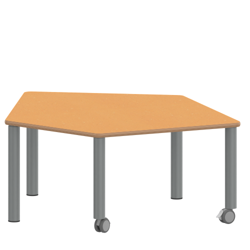 Tisch ZALOTTI mit Linoleum-Belag Fünfecktisch-klein, Stellfläche B/T: 121x110 cm, Höhen 25…76 cm, Stahlrohrbeine Ø 60 mm, Fußvariante: fahrbar