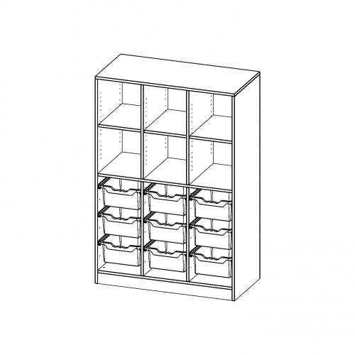 ErgoTray Regal, dreireihig, 4 Ordnerhöhen - evo180 Serie Breite 104,5 cm, Gesamthöhe 154 cm, mit Sockel, unten 9 hohe, oben 6 Fächer