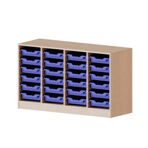 ErgoTray Regal, vierreihig, 2 Ordnerhöhen - evo180 Serie Breite 138,7 cm, Gesamthöhe 82 cm, mit Sockel, 24 flache ErgoTray Boxen