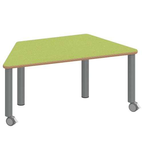 Tisch ZALOTTI mit Linoleum-Belag Trapez-Tische, Maße B/T: 140x70 bzw. 120x60 cm, Höhen 25…76 cm, Stahlrohrbeine Ø 60 mm, Fußvariante: fahrbar