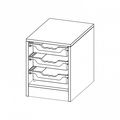 ErgoTray Regal, einreihig, 1 Ordnerhöhe - evo180 Serie B/H/T: 36,1x46x50 cm, mit Sockel (81 mm), 3 flache ErgoTray Boxen