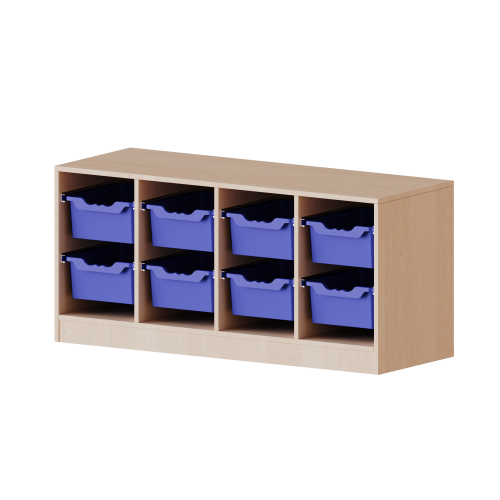 ErgoTray Regal, vierreihig, 1,5 Ordnerhöhen - evo180 Serie Breite 138,7 cm, Gesamthöhe 64 cm, mit Sockel, 8 hohe ErgoTray Boxen,