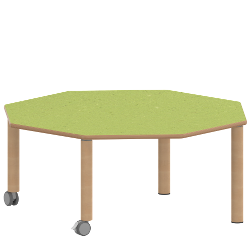 Tisch ZALOTTI mit Linoleum-Belag Achtecktische, Plattenmaß B/T: 120x120 cm, Höhen 25…76 cm, Massivholzbeine Ø 60 mm, Fußvariante: fahrbar