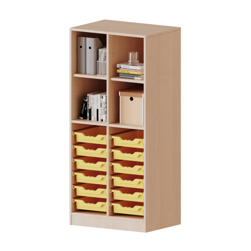 ErgoTray Regal, zweireihig, 4 Ordnerhöhen - evo180 Serie B/H/T: 70,3x154x40 cm, mit Sockel (81 mm), oben 4 Fächer, unten 12 flache ErgoTray Boxen