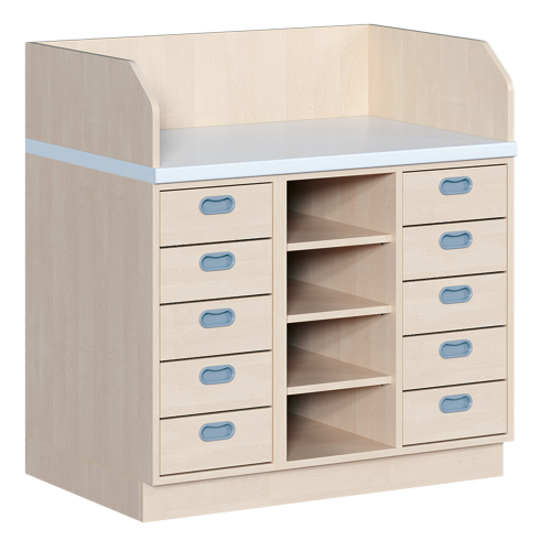 Wickelkommode, dreireihig B/H: 107x113 cm, 10 Schübe, mittig Regal