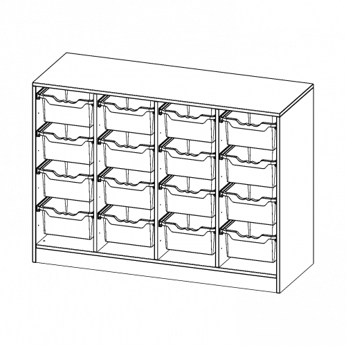 ErgoTray Regal, vierreihig, 2,5 Ordnerhöhen - evo180 Serie B/H/T: 138,7x100x50 cm, mit Sockel (81 mm), 16 hohe ErgoTray Boxen