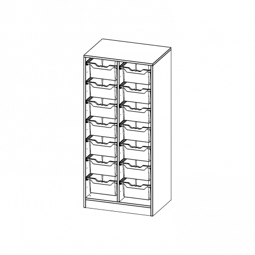 ErgoTray Regal, zweireihig, 4 Ordnerhöhen - evo180 Serie Breite 70,3 cm, Gesamthöhe 154 cm, mit Sockel, 14 hohe ErgoTray Boxen