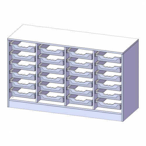 ErgoTray Regal, vierreihig, 2 Ordnerhöhen - evo180 Serie Breite 138,7 cm, Gesamthöhe 82 cm, mit Sockel, 24 flache ErgoTray Boxen
