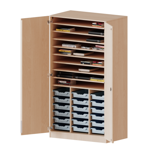 Bastelschrank, 5 Ordnerhöhen - Serie evo180 B/H: 104,5x190 cm, mit Sockel (81 mm), 2-türiger Schrank mit 18 flachen ErgoTray Boxen