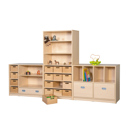 Fertigregalsystem in Korpusbauweise "Theo" B/H/T: 282x80/160x40 cm, Regalsystem aus 3 Regalelementen, mit verschiedenen Schüben und Massivholzkästen