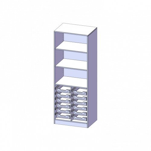 ErgoTray Regal, zweireihig, 5 Ordnerhöhen - evo180 Serie Breite 70,3 cm, Gesamthöhe 190 cm, mit Sockel (81 mm), unten 12 flache ErgoTray Boxen, oben 2 Einlegeböden