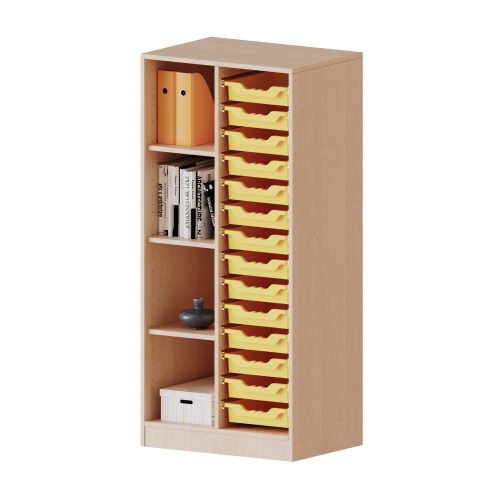 ErgoTray Regal, zweireihig, 4 Ordnerhöhen - evo180 Serie B/H/T: 70,3x154x50 cm, mit Sockel (81 mm), links 4 Fächer, rechts 14 flache ErgoTray Boxen