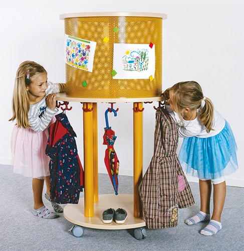 Ovaler Taschenkreisel B/H/T: 90x140x70 cm, aus feuerhemmendem Material - Dekor Buche, mit 13 Dreifachhaken und Lochblech-Zylinder