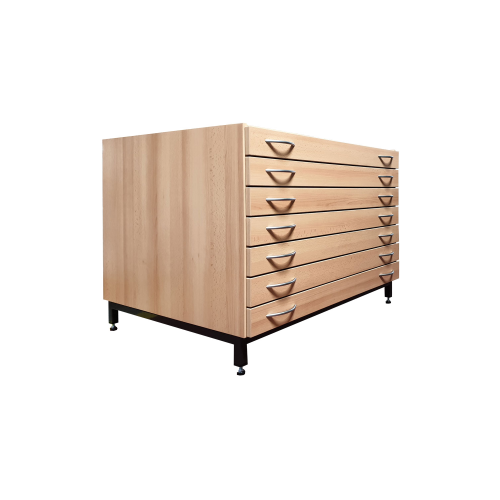 Bildertruhe mit Untergestell und 7 Züge, optional mit Zentralverschluss B/H/T: 111x80x79 cm, Planschrank mit 7 Schüben für Bildformate bis 100x70 cm