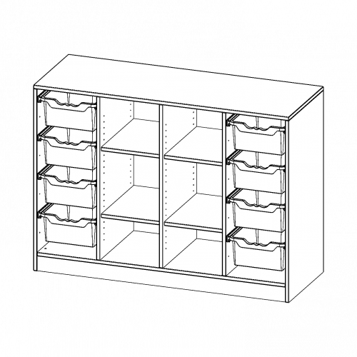ErgoTray Regal, vierreihig, 2,5 Ordnerhöhen - evo180 Serie B/H/T: 138,7x100x50 cm, mit Sockel (81 mm), rechts und links je 4 hohe ErgoTray Boxen, in der Mitte 6 offene Fächer