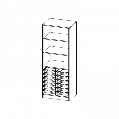 ErgoTray Regal, zweireihig, 5 Ordnerhöhen - evo180 Serie Breite 70,3 cm, Gesamthöhe 190 cm, mit Sockel (81 mm), unten 12 flache ErgoTray Boxen, oben 2 Einlegeböden