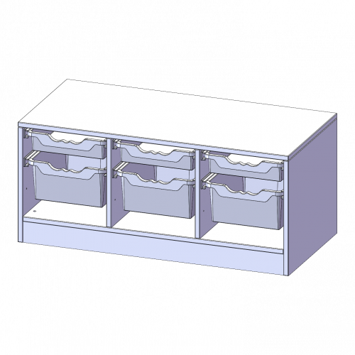 ErgoTray Regal, dreireihig, 1 Ordnerhöhe - evo180 Serie Breite 104,5 cm, Gesamthöhe 46 cm, mit Sockel, 3 flache und 3 hohe ErgoTray Boxen
