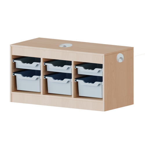 Regal mit flachen und hohen ErgoTray-Boxen, 1 Ordnerhöhe mit Kabelkanal mit zusätzlichem Kabelfach und 3 Kabeldurchlässen, Maße H/T: 56x40 cm, verschiedene Breiten