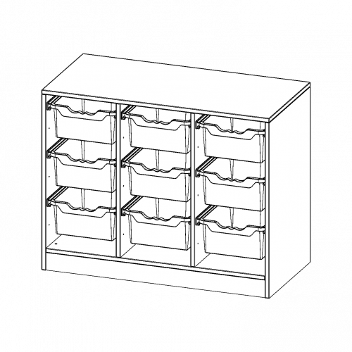 ErgoTray Regal, dreireihig, 2 Ordnerhöhen - evo180 Serie Breite 104,5 cm, Gesamthöhe 82 cm, mit Sockel, 9 hohe ErgoTray Boxen