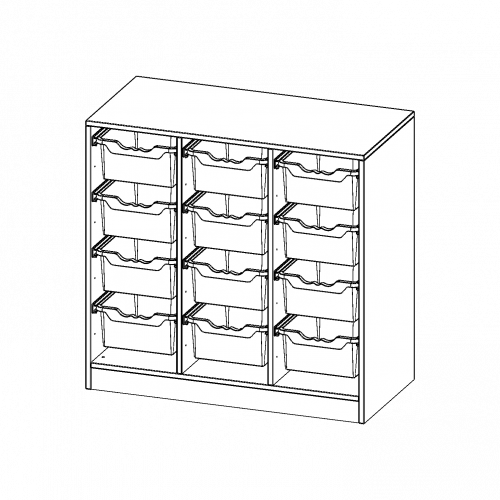 ErgoTray Regal, dreireihig, 2,5 Ordnerhöhen - evo180 Serie Breite 104,5 cm, Gesamthöhe 100 cm, mit Sockel, 12 hohe ErgoTray Boxen