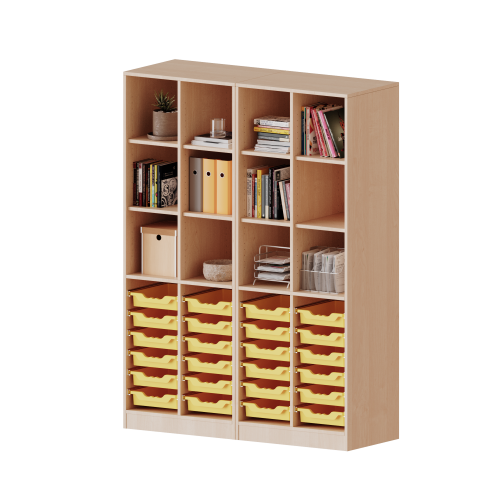 ErgoTray Regal, vierreihig, 5 Ordnerhöhen - evo180 Serie Breite 140,6 cm, Gesamthöhe 190 cm, mit Sockel (81 mm), zweiteilig und Mittelwand, unten 24 flache ErgoTray Boxen, oben 8 Einlegeböden