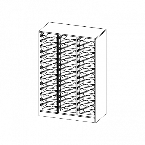 ErgoTray Regal, dreireihig, 4 Ordnerhöhen - evo180 Serie Breite 104,5 cm, Gesamthöhe 154 cm, mit Sockel, 42 flache ErgoTray Boxen