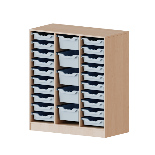 ErgoTray Regal, dreireihig, 3 Ordnerhöhen - evo180 Serie Breite 104,5 cm, Gesamthöhe 118 cm, mit Sockel, rechts und links je 10 flache, in der Mitte 5 hohe ErgoTray Boxen