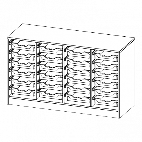 ErgoTray Regal, vierreihig, 2 Ordnerhöhen - evo180 Serie Breite 138,7 cm, Gesamthöhe 82 cm, mit Sockel, 24 flache ErgoTray Boxen