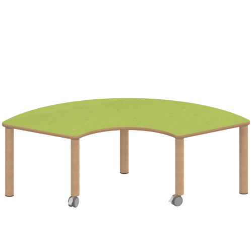 Tisch ZALOTTI mit Linoleum-Belag Drittelkreistische, Stellfläche B/T: 173x80 cm, Höhen 25…76 cm, Massivholzbeine Ø 60 mm, Fußvariante: fahrbar