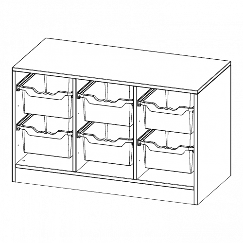 ErgoTray Regal, dreireihig, 1,5 Ordnerhöhen - evo180 Serie B/H/T: 104,5x64x40 cm, Breite 104,5 cm, Gesamthöhe 64 cm, mit Sockel, 6 hohe ErgoTray Boxen