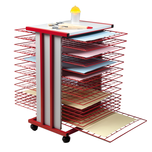 Trockenwagen fahrbar mit 15 Trockengittern DIN A2 B/H/T: 59,5x83x75 cm, Gestell in rot, Holzteile in Grau
