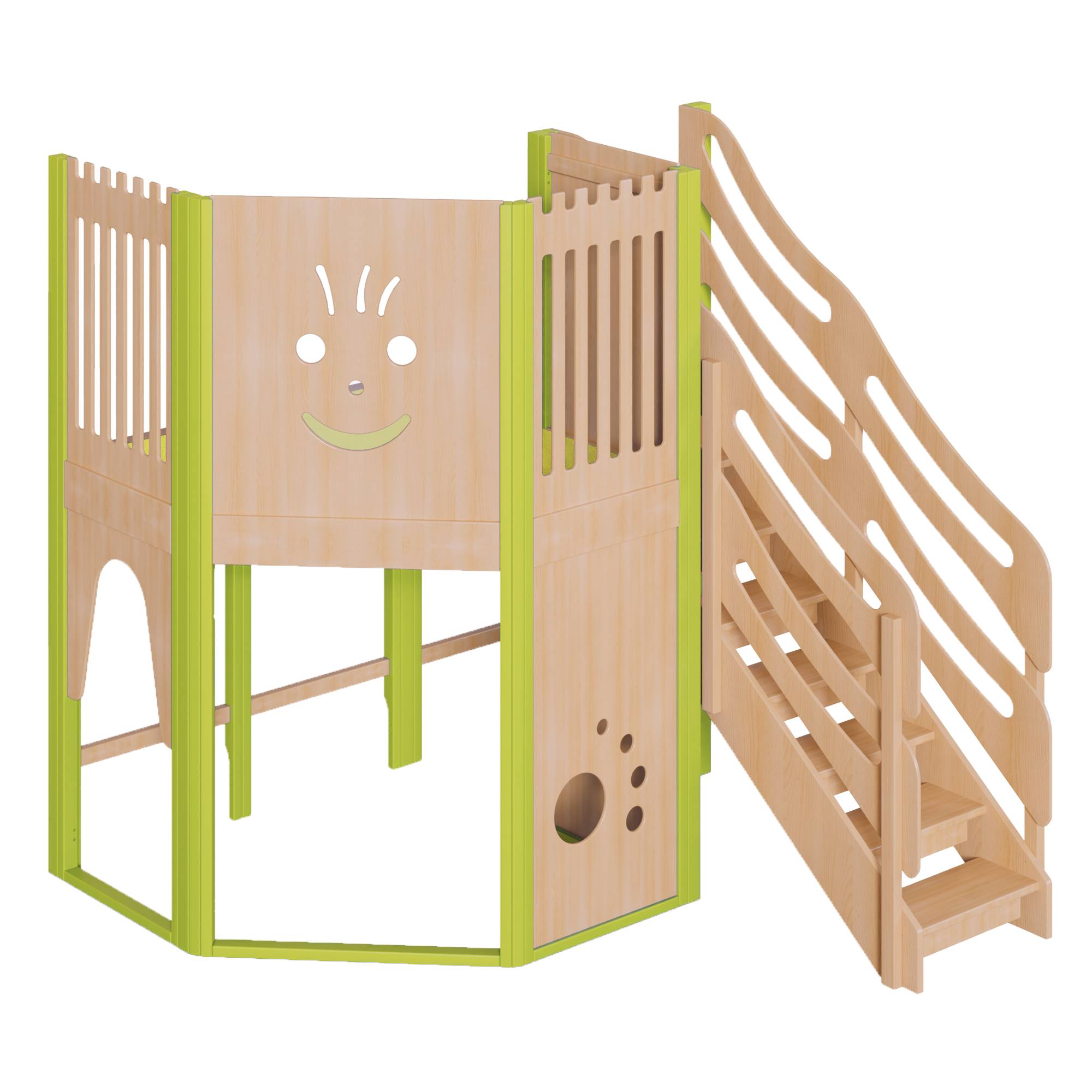 Spielburg, komplett in großer Höhe B/H/T: 228x240x158 cm, 2seitig wandmontiert, Schräge im Grundriss, Treppe als Aufgang, Fußboden mit Teppich