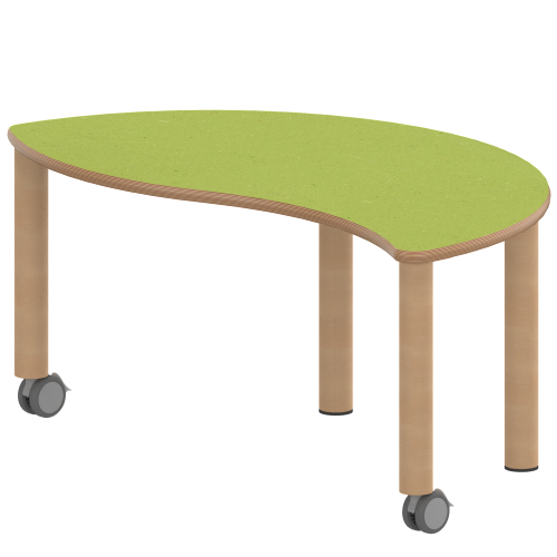 Tisch ZALOTTI mit Linoleum-Belag Halbrund-Wellentische, Stellfläche B/T: 120x60 cm, Höhen 25…76 cm, Massivholzbeine Ø 60 mm, Fußvariante: fahrbar