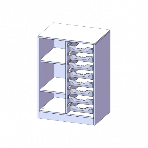 ErgoTray Regal, zweireihig, 2,5 Ordnerhöhen - evo180 Serie Breite 70,3 cm, Gesamthöhe 100 cm, mit Sockel, links 3 Fächer, rechts 8 flache ErgoTray Boxen