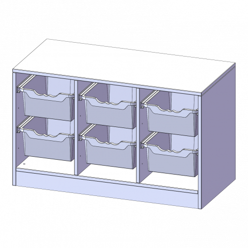 ErgoTray Regal, dreireihig, 1,5 Ordnerhöhen - evo180 Serie B/H/T: 104,5x64x40 cm, Breite 104,5 cm, Gesamthöhe 64 cm, mit Sockel, 6 hohe ErgoTray Boxen