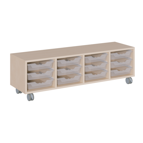 fahrbares Regal in Korpusbauweise B/H/T: 139x42,5x40 cm, in 4 Reihen 12 flache ErgoTray-Boxen