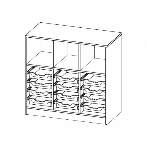 ErgoTray Regal, dreireihig, 2,5 Ordnerhöhen - evo180 Serie Breite 104,5 cm, Gesamthöhe 100 cm, mit Sockel, oben 3 Fächer, unten 12 flache ErgoTray Boxen