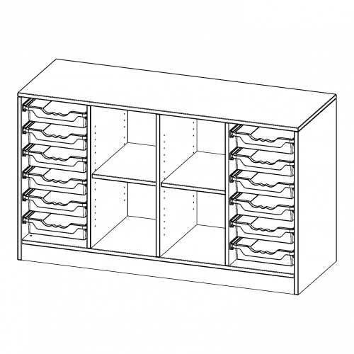 ErgoTray Regal, vierreihig, 2 Ordnerhöhen - evo180 Serie Breite 138,7 cm, Gesamthöhe 82 cm, mit Sockel, rechts und links je 6 flache ErgoTray Boxen, in der Mitte 4 offene Fächer
