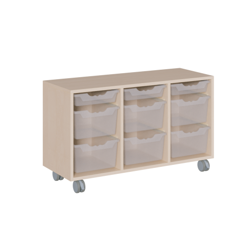 fahrbares Regal in Korpusbauweise B/H/T: 105x62,5x40 cm, in 3 Reihen 3 flache und 6 hohe ErgoTray-Boxen