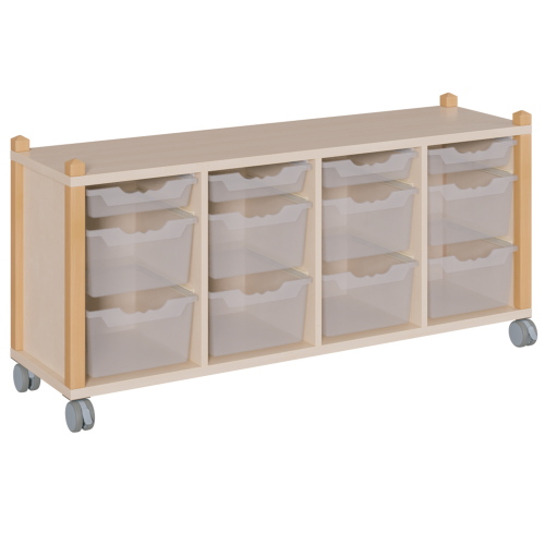 fahrbares Regal in Stollenbauweise B/T: 143,3x40 cm, 4reihig in 3 verschiedenen Höhen, unterschiedlich hohe ErgoTray-Boxen