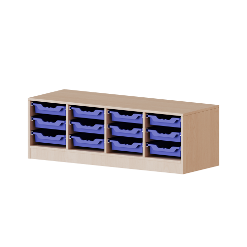 ErgoTray Regal, vierreihig, 1 Ordnerhöhe - evo180 Serie Breite 138,7 cm, Gesamthöhe 46 cm, mit Sockel, 12 flache ErgoTray Boxen